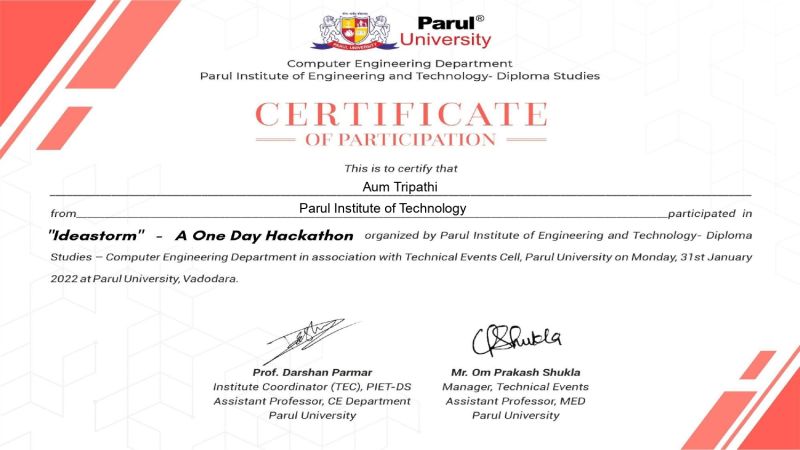 My certificate from Ideastorm Hackathon Aum Tripathi posted on the My certificate from Ideastorm Hackathon Aum Tripathi posted on the
