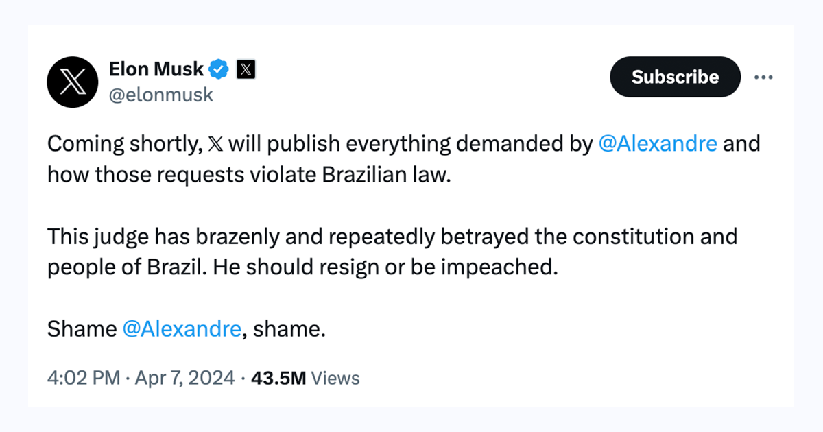 Elon to be investigated by Brazilian Supreme Court after defying order Elon to be investigated by Brazilian Supreme Court after defying order