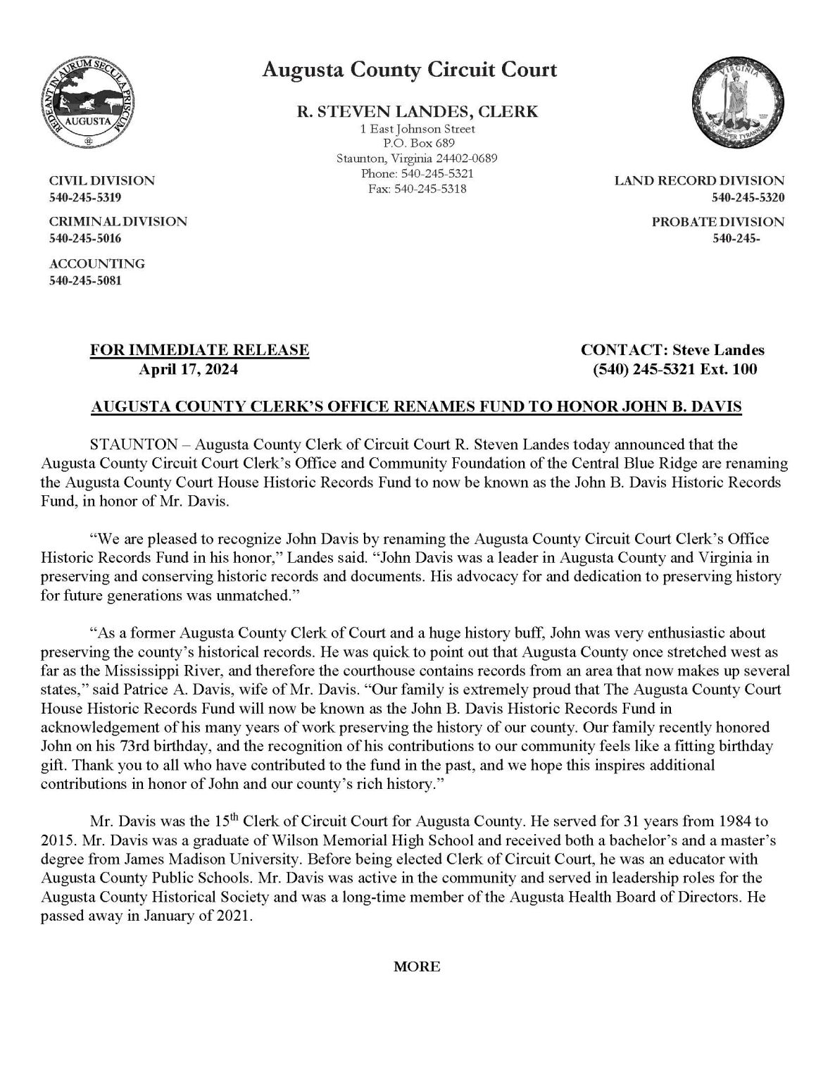 As a former Augusta County Clerk of Court and a huge history buff my As a former Augusta County Clerk of Court and a huge history buff my