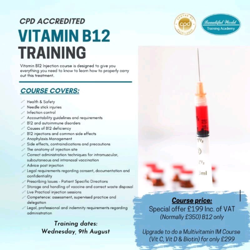 b12 injection course price Vitamin Injections Online Delashh Aesthetics & Training Limited Compounded Hydroxocobalamin (Vitamin B12) Injection