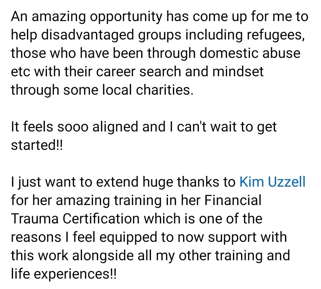Join the April cohort of Financial Trauma certification Kim Uzzell Join the April cohort of Financial Trauma certification Kim Uzzell