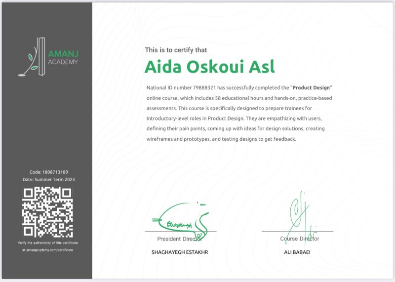 My product design certificate from amanj academi Ida Oskoui asl My product design certificate from amanj academi Ida Oskoui asl