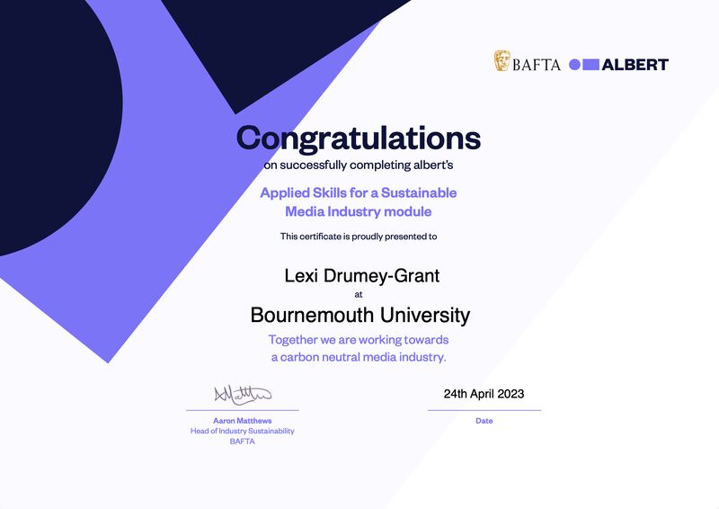 I am pleased to announce that I have achieved the BAFTA Albert I am pleased to announce that I have achieved the BAFTA Albert