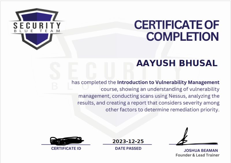 Earned a new certification: Introduction to Vulnerability Management Earned a new certification: Introduction to Vulnerability Management