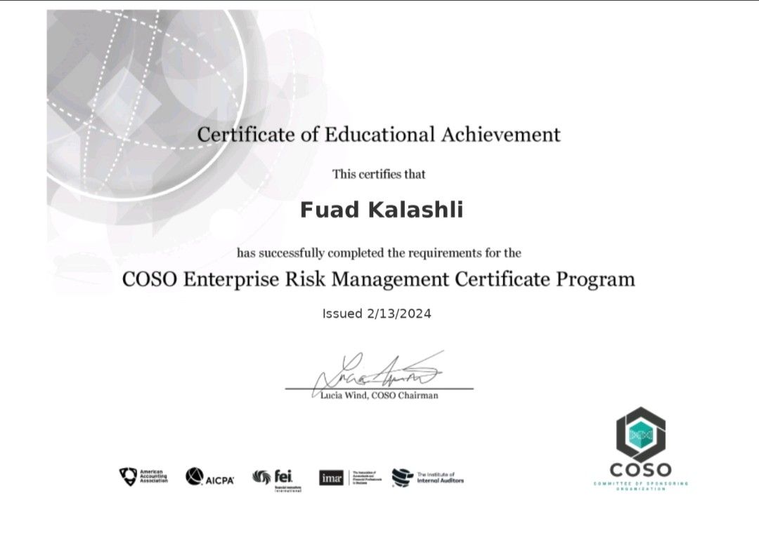 Fuad Kalashli CFE ORM on LinkedIn: #coso #erm #certificate #theiia Fuad Kalashli CFE ORM on LinkedIn: #coso #erm #certificate #theiia