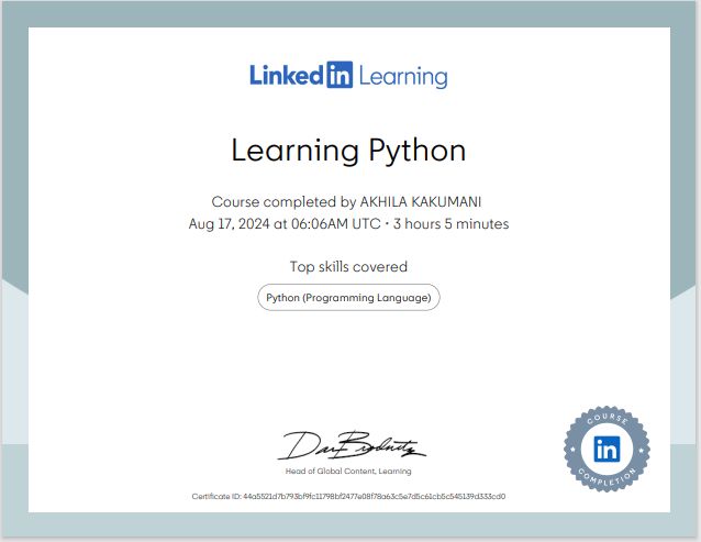 AKHILA KAKUMANI on LinkedIn: #python #certification #learning AKHILA KAKUMANI on LinkedIn: #python #certification #learning