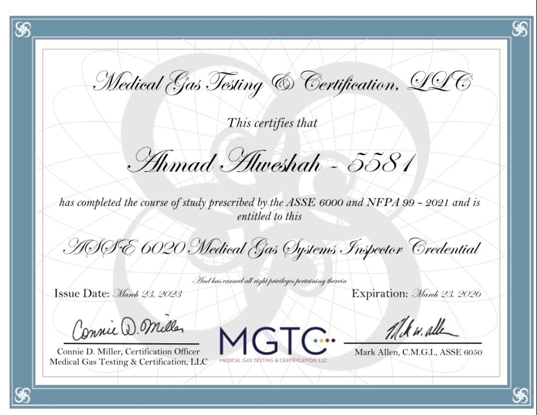 Excited to announce my recent certification in the medical gases field Excited to announce my recent certification in the medical gases field