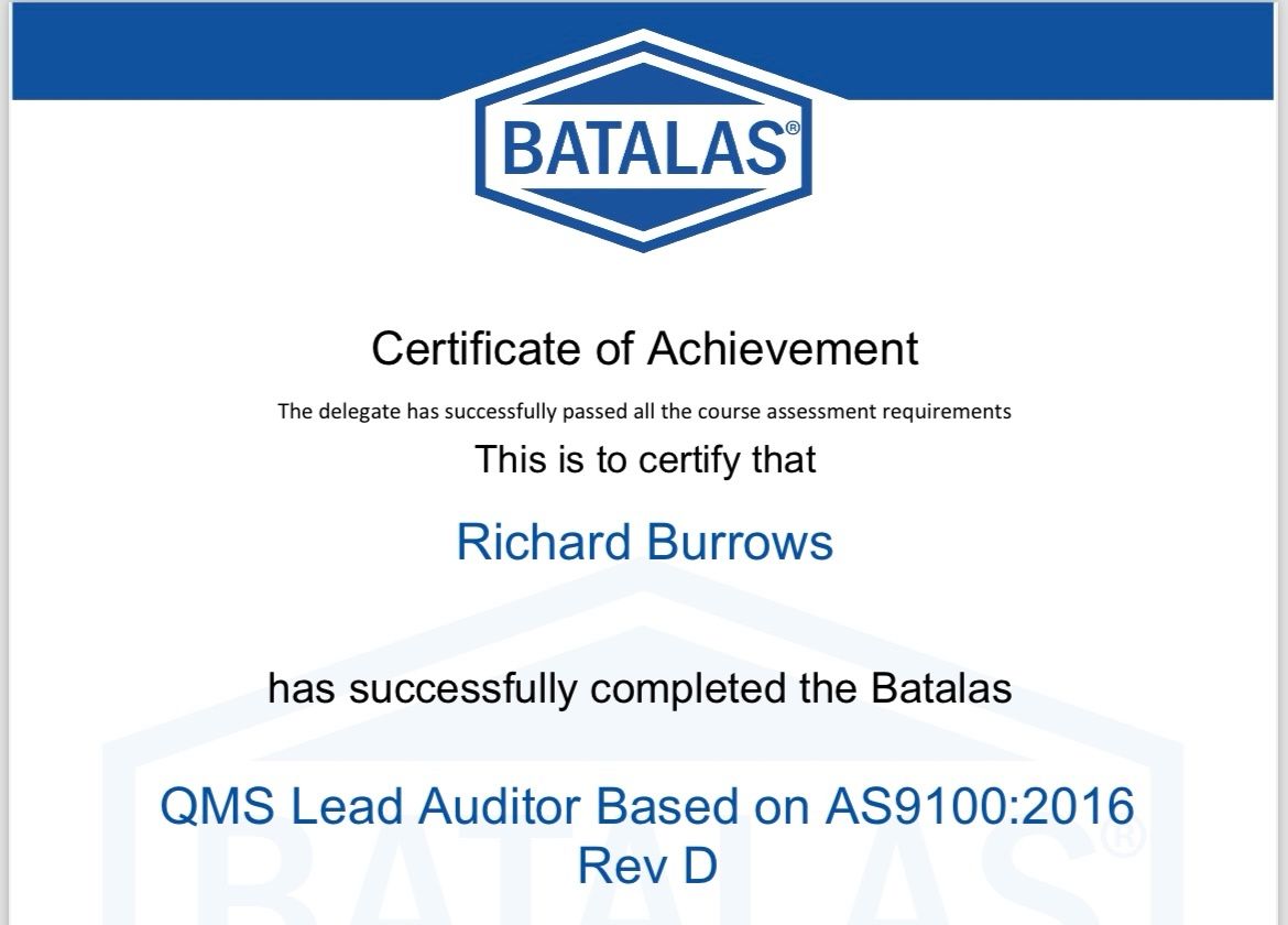 Congratulations Richard Burrows on achieving your AS9100 Lead Auditor Congratulations Richard Burrows on achieving your AS9100 Lead Auditor
