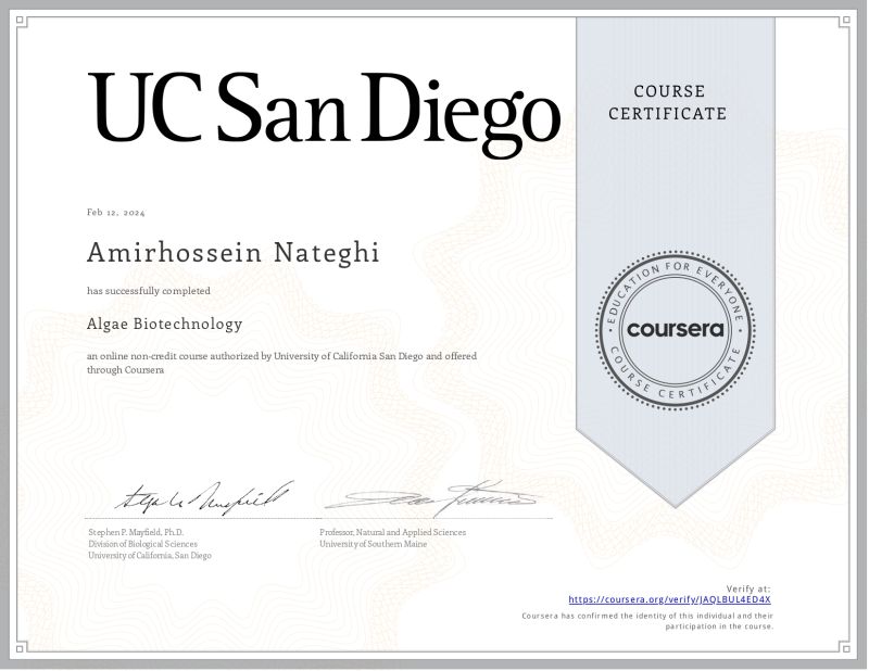 Completion of Algae Biotechnology Certificate Amir Nateghi posted on Completion of Algae Biotechnology Certificate Amir Nateghi posted on