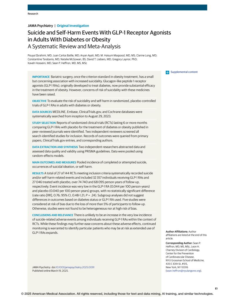 glp-1 suicide receptor agonists and risk of or suicide attempts A nationwide cohort and self-controlled case series study New Studies Fuel Debate Over