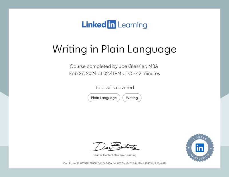 Joe Giessler MBA on LinkedIn: Certificate of Completion Joe Giessler MBA on LinkedIn: Certificate of Completion