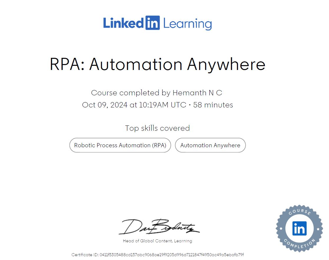 Completed successfully RPA certification Hemanth NC Completed successfully RPA certification Hemanth NC