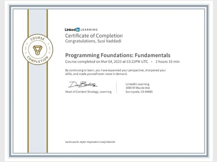 My certificate on programming fundamentals on Linkedin Susi Vaddadi My certificate on programming fundamentals on Linkedin Susi Vaddadi