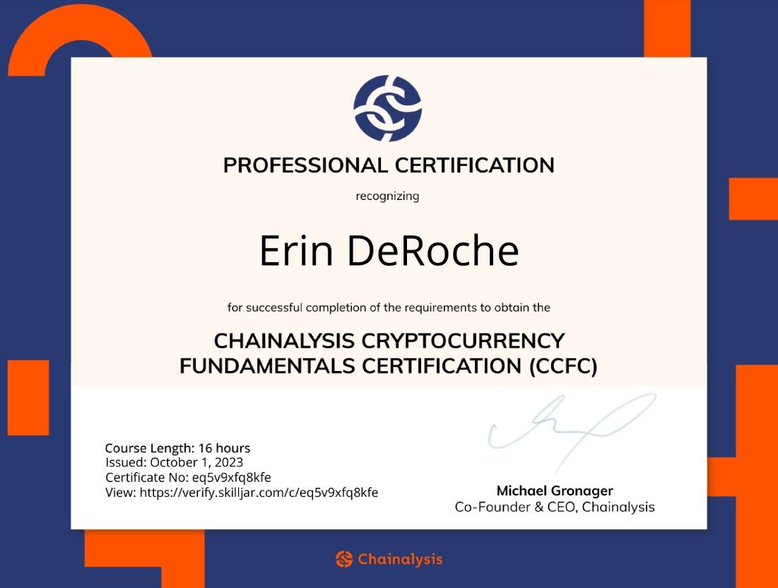 I m happy to share that I ve obtained a new certification: Chainalysis I m happy to share that I ve obtained a new certification: Chainalysis