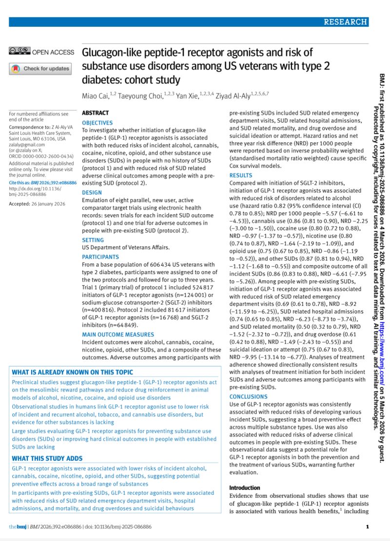 cannabis and glp 1 NEW: In a study of 600,000 people published today in @bmj_latest, we found GLP-1 drugs (Ozempic, Wegovy, Mounjaro) associated with reduced risk of addiction across alcohol, opioids, cocaine, cannabis, nicotineand 50% fewer GLP-1 drugs lower addiction risk