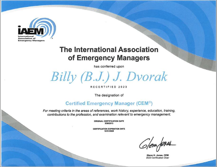 Received my 10 year re certification for Certified Emergency Manager Received my 10 year re certification for Certified Emergency Manager