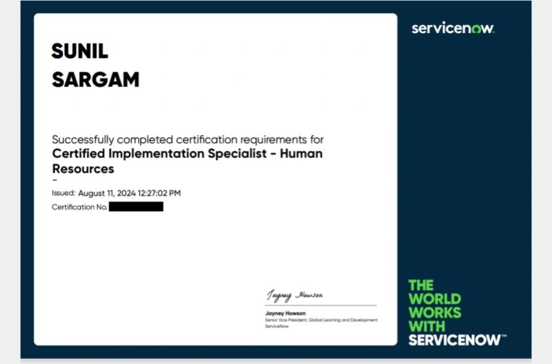 Sunil Sargam on LinkedIn: Successfully completed ServiceNow CIS HRSD Sunil Sargam on LinkedIn: Successfully completed ServiceNow CIS HRSD