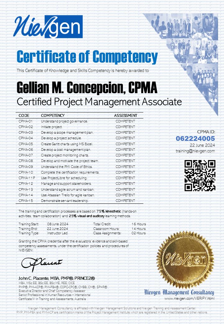 Gellian Concepcion earned CPMA certification Nievgen Consulting Gellian Concepcion earned CPMA certification Nievgen Consulting