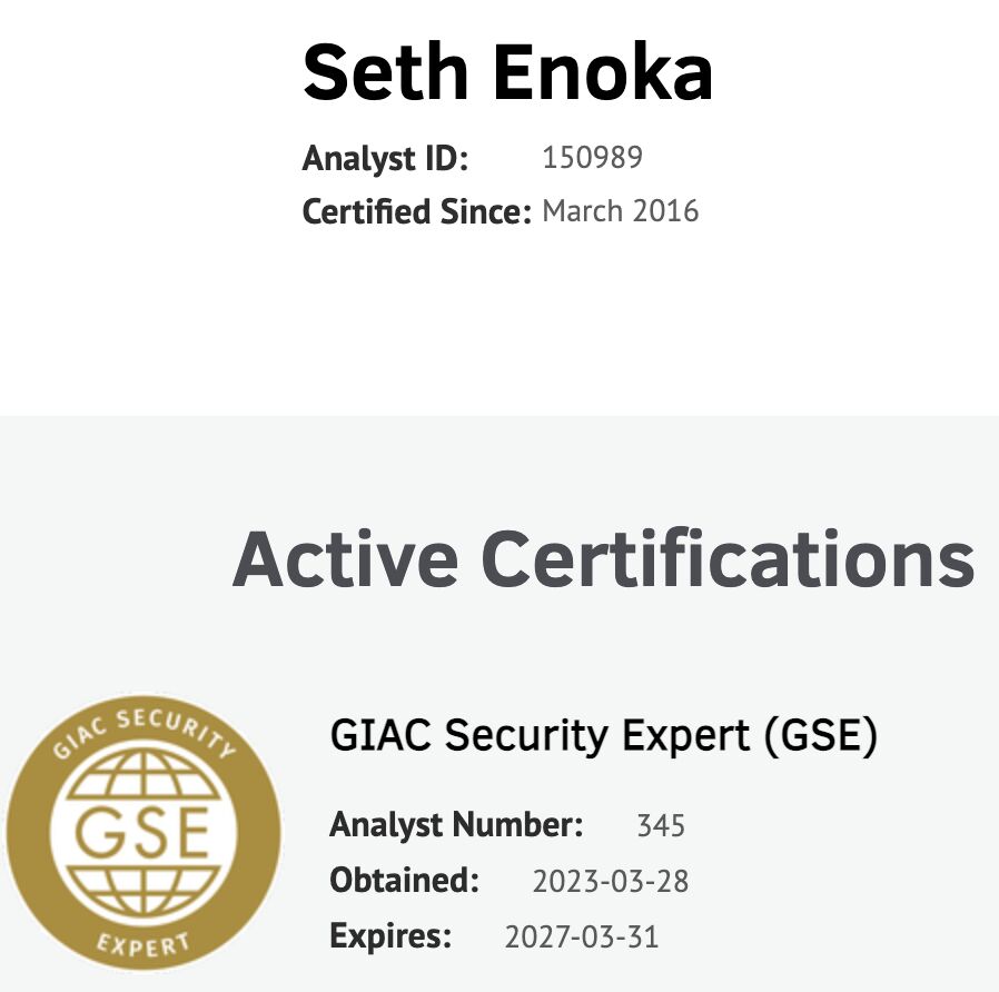 🎉🚀 Achievement Unlocked: GIAC Security Expert (GSE) 🚀🎉 Seth Enoka 🎉🚀 Achievement Unlocked: GIAC Security Expert (GSE) 🚀🎉 Seth Enoka
