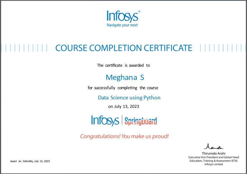 Got Data science using python certification from Infosys Springboard Got Data science using python certification from Infosys Springboard