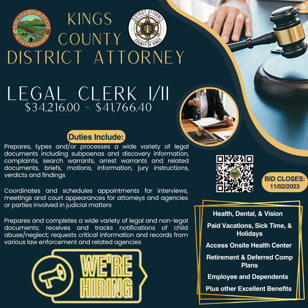 We re Hiring: Legal Clerk I/II Kings County the District Attorney #39 s We re Hiring: Legal Clerk I/II Kings County the District Attorney #39 s