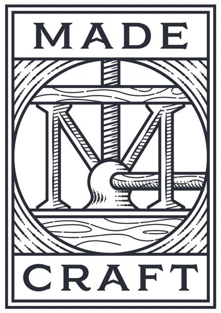 Company logo for Madecraft; the letter M configured as part of a printing press